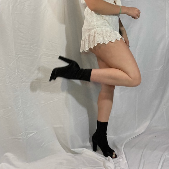 Black Satin Open Toed Heels - Picture 3 of 9